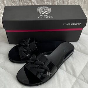 Vince Camuto Glossy Black Chain Slide Sandals NIB